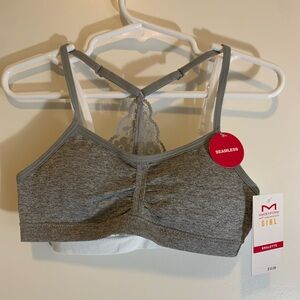 NEW Maidenform Girls Seamfree Lace Back Padded Crop Bra 2pk Gray & White size S